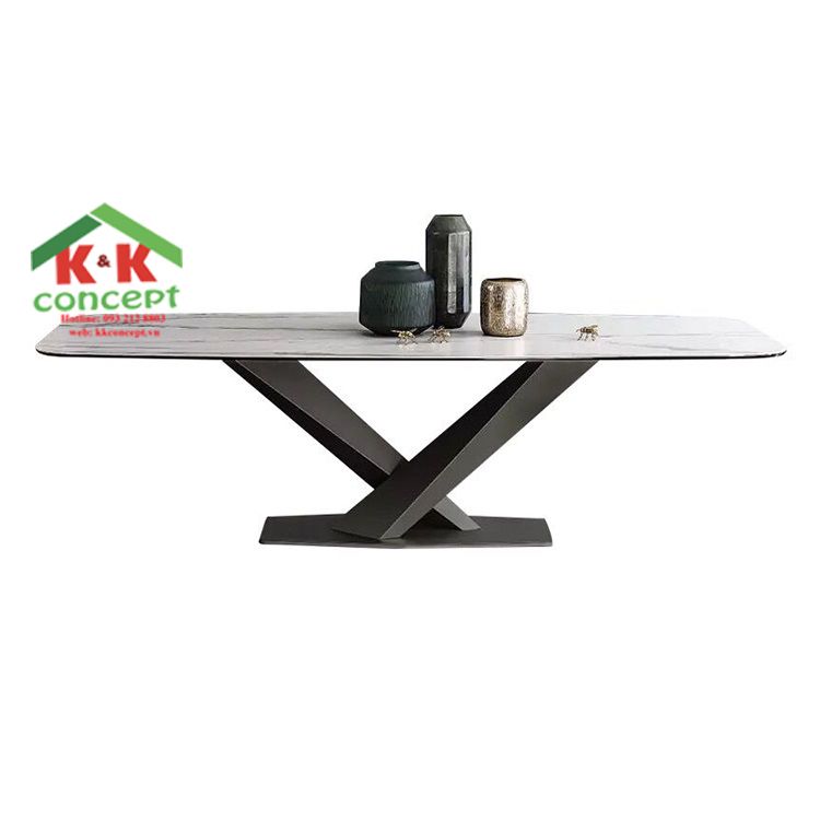 Bàn ăn mặt đá marble nhân tạo, khung thép sơn đen mờ BA082