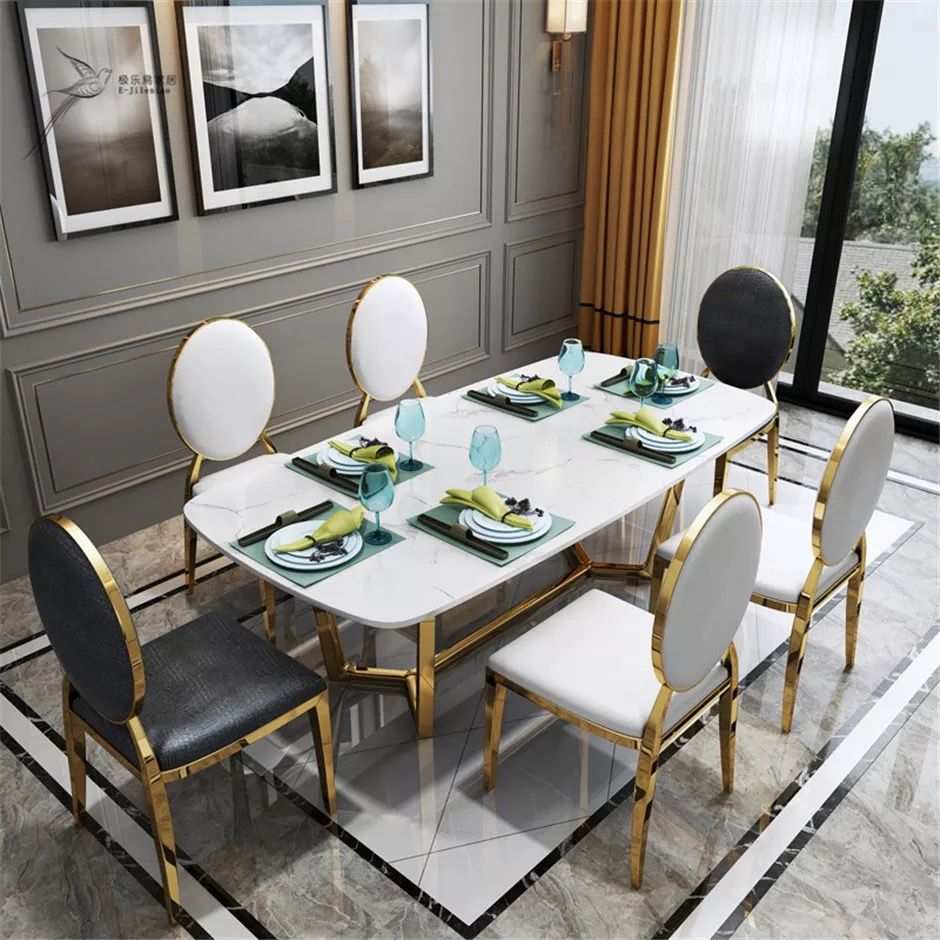 Bàn ăn mặt đá marble nhân tạo, khung inox mạ titan vàng BA033