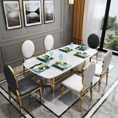 Bàn ăn mặt đá marble nhân tạo, khung inox mạ titan vàng BA033