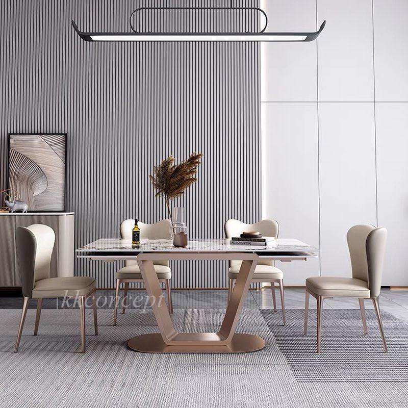 Bàn ăn mặt đá marble nhân tạo, khung inox mạ titan vàng BA0147