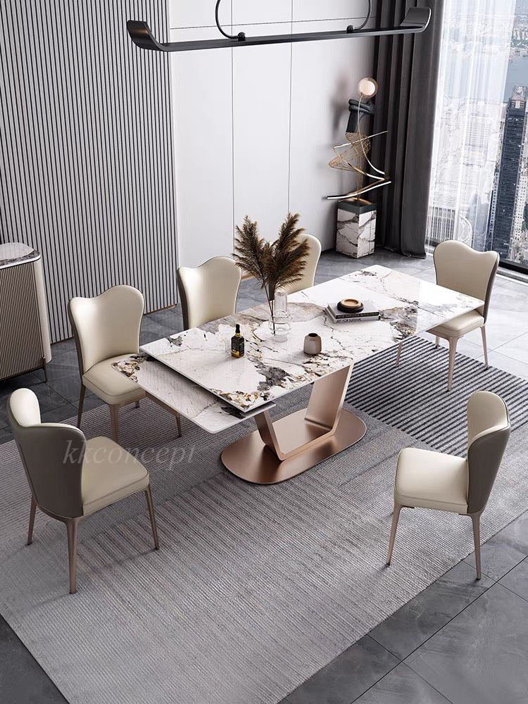 Bàn ăn mặt đá marble nhân tạo, khung inox mạ titan vàng BA0147