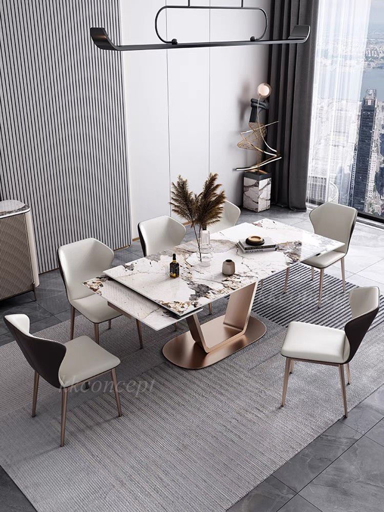 Bàn ăn mặt đá marble nhân tạo, khung inox mạ titan vàng BA0147