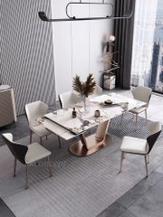 Bàn ăn mặt đá marble nhân tạo, khung inox mạ titan vàng BA0147