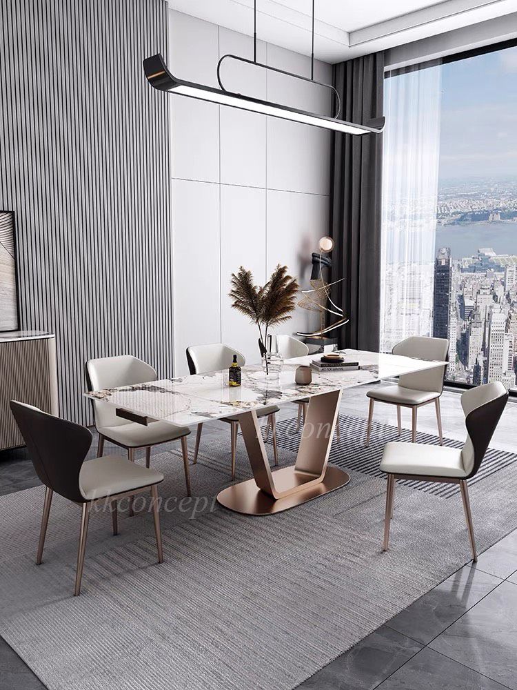 Bàn ăn mặt đá marble nhân tạo, khung inox mạ titan vàng BA0147