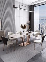 Bàn ăn mặt đá marble nhân tạo, khung inox mạ titan vàng BA0147