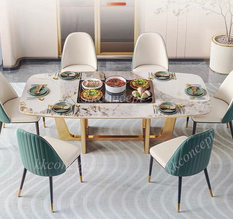 Bàn ăn mặt đá marble nhân tạo, có bếp từ, khung inox mạ titan vàng BA0148