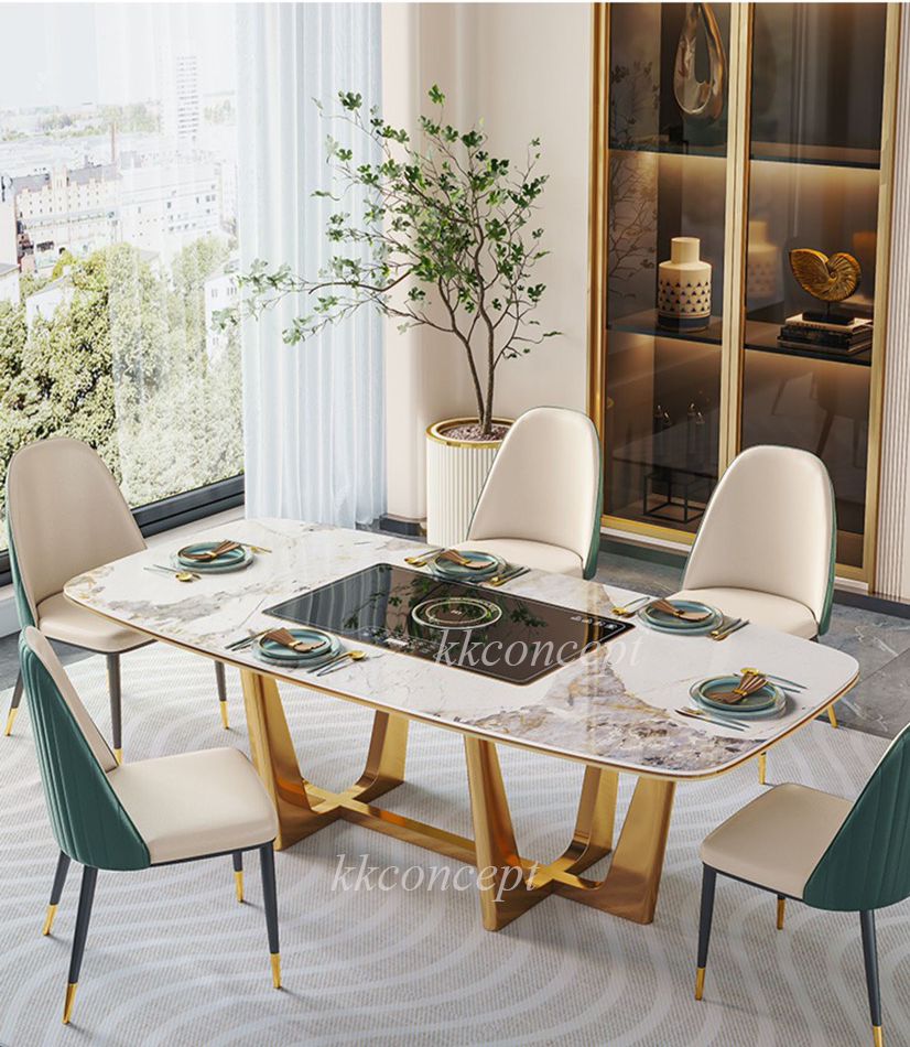 Bàn ăn mặt đá marble nhân tạo, có bếp từ, khung inox mạ titan vàng BA0148