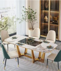 Bàn ăn mặt đá marble nhân tạo, có bếp từ, khung inox mạ titan vàng BA0148