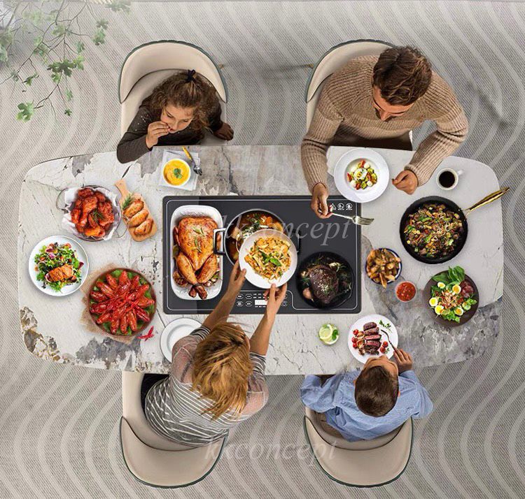 Bàn ăn mặt đá marble nhân tạo, có bếp từ, khung inox mạ titan vàng BA0148