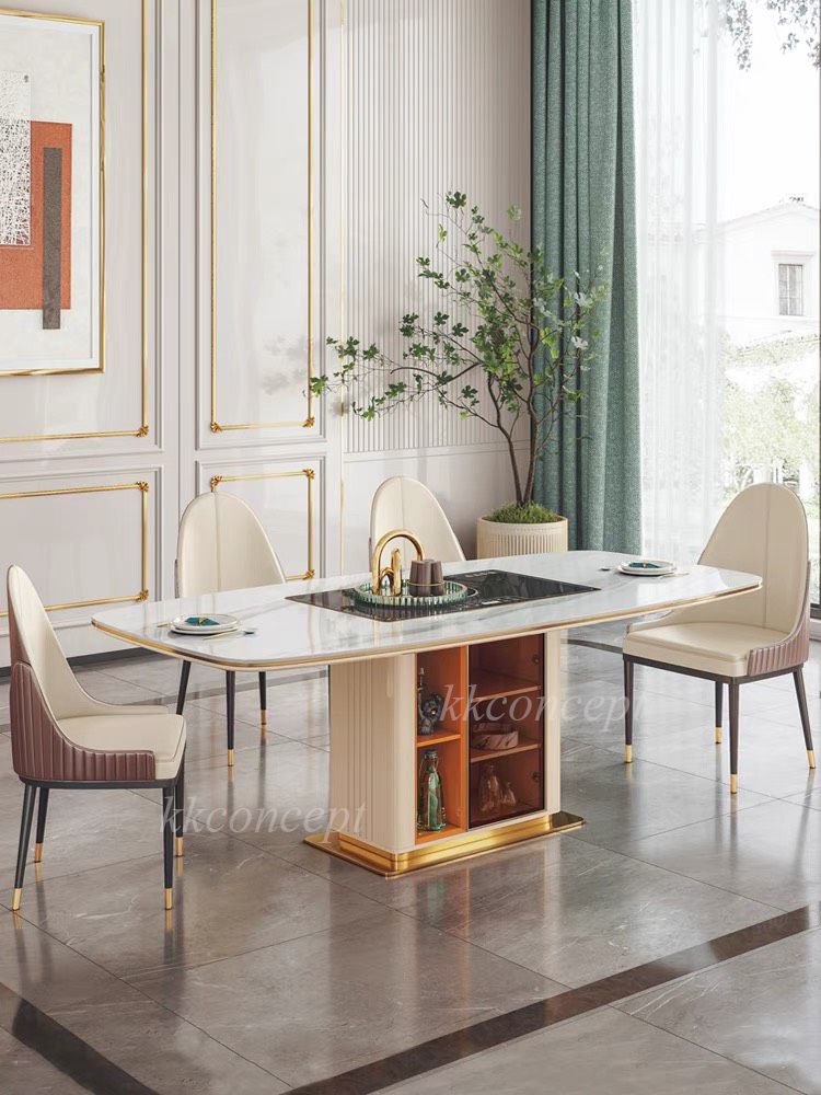 Bàn ăn mặt đá marble nhân tạo,bếp từ, khung inox mạ titan vàng BA0149