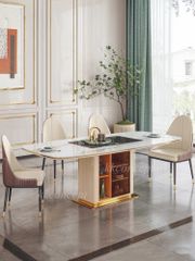 Bàn ăn mặt đá marble nhân tạo,bếp từ, khung inox mạ titan vàng BA0149