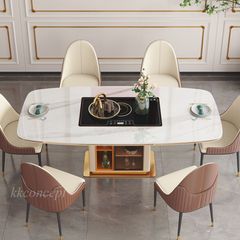 Bàn ăn mặt đá marble nhân tạo,bếp từ, khung inox mạ titan vàng BA0149