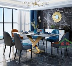 Bàn ăn mặt đá marble nhân tạo, khung inox mạ titan vàng BA012