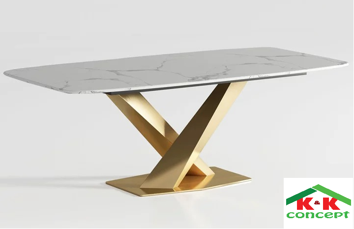 Bàn ăn mặt đá marble nhân tạo, khung inox mạ titan vàng BA012