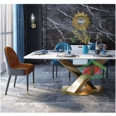 Bàn ăn mặt đá marble nhân tạo, khung inox mạ titan vàng BA012
