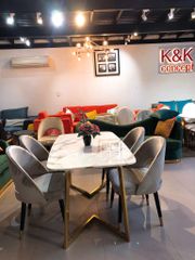 Bàn ăn mặt đá marble nhân tạo, khung inox mạ titan vàng BA016