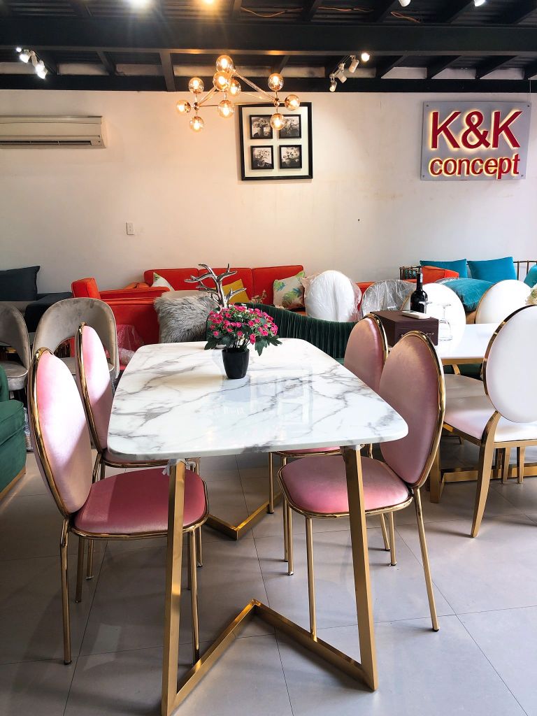 Bàn ăn mặt đá marble nhân tạo, khung inox mạ titan vàng BA016