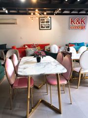 Bàn ăn mặt đá marble nhân tạo, khung inox mạ titan vàng BA016