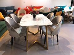 Bàn ăn mặt đá marble nhân tạo, khung inox mạ titan vàng BA016