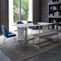 Bàn ăn mặt đá marble nhân tạo, khung inox mạ titan vàng BA026