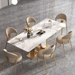 Bàn ăn mặt đá marble nhân tạo, khung inox mạ titan vàng BA0151