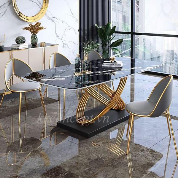Bàn ăn mặt đá marble nhân tạo/kính cường lực, khung inox mạ titan vàng BA214