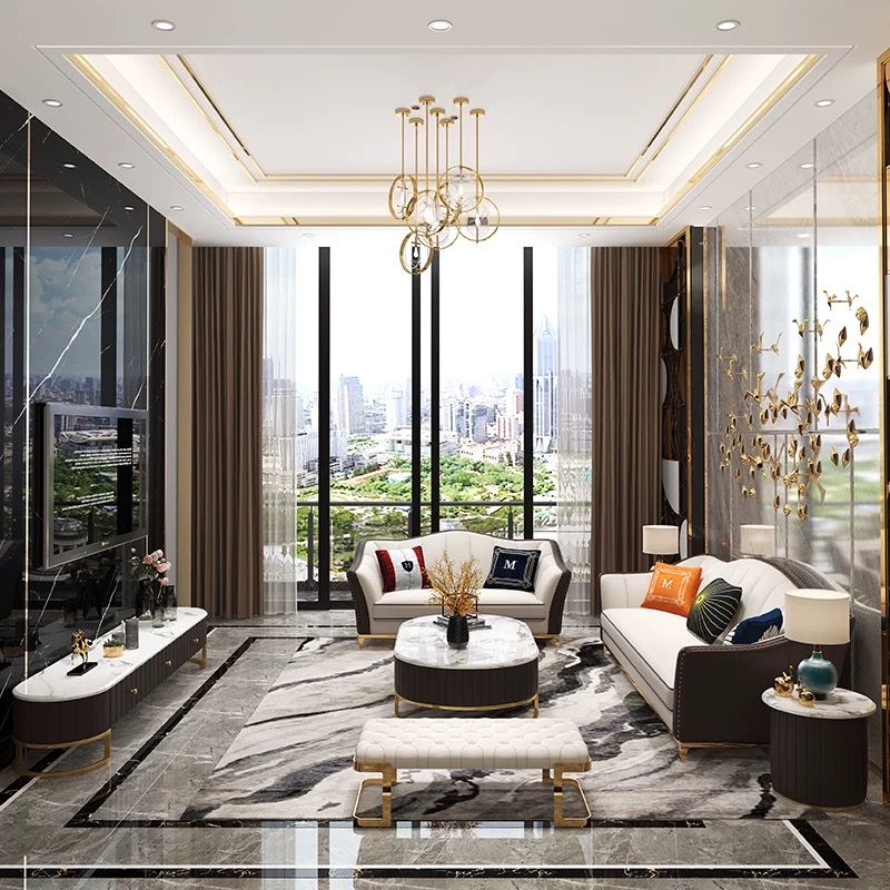 Bộ Sofa da chân inox mạ vàng cao cấp BSF123