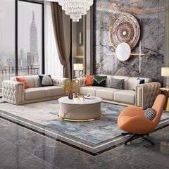 Bộ sofa da màu kem, viền inox mạ vàng BSF155