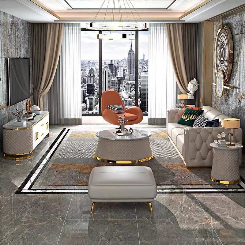 Bộ sofa da màu kem, viền inox mạ vàng BSF155