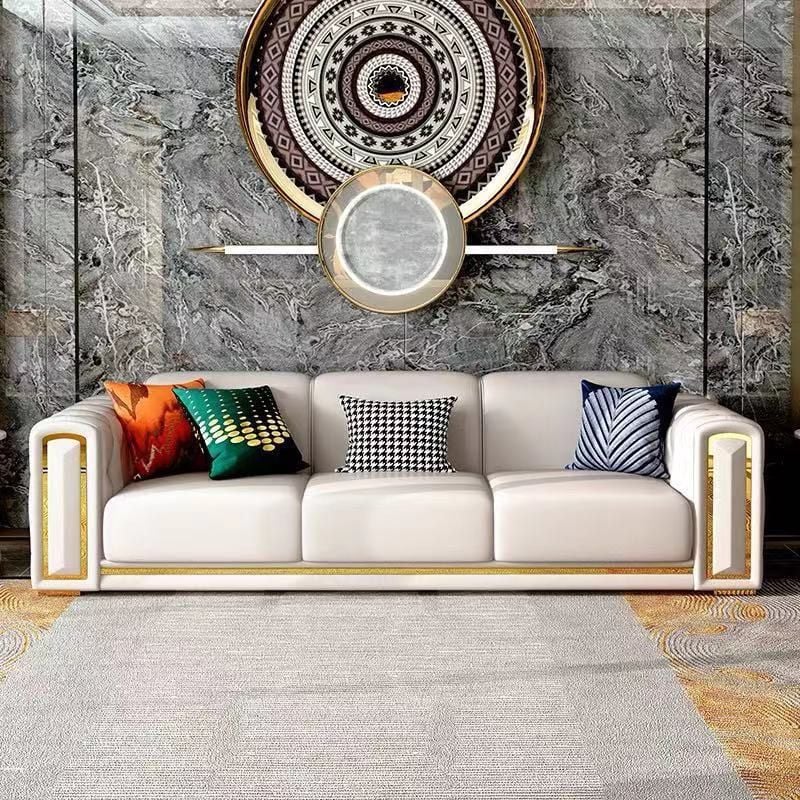 Bộ sofa da màu kem, viền inox mạ vàng BSF155