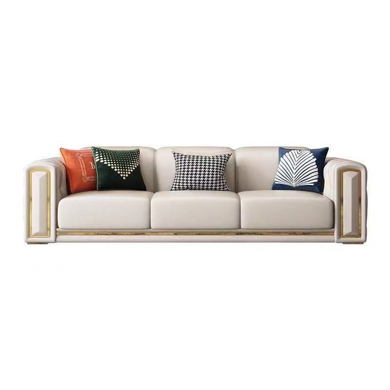 Bộ sofa da màu kem, viền inox mạ vàng BSF155