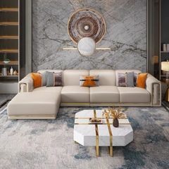 Bộ sofa da màu kem, viền inox mạ vàng BSF155