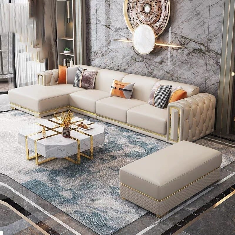 Bộ sofa da màu kem, viền inox mạ vàng BSF155
