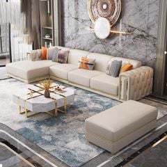 Bộ sofa da màu kem, viền inox mạ vàng BSF155