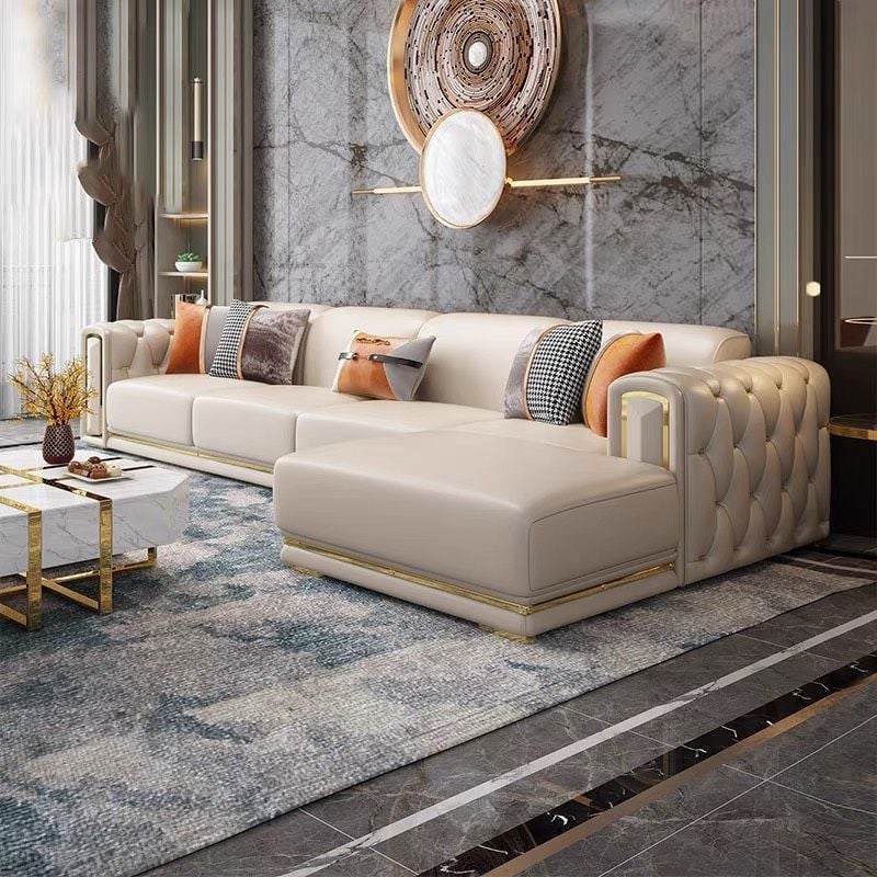 Bộ sofa da màu kem, viền inox mạ vàng BSF155