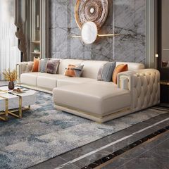 Bộ sofa da màu kem, viền inox mạ vàng BSF155