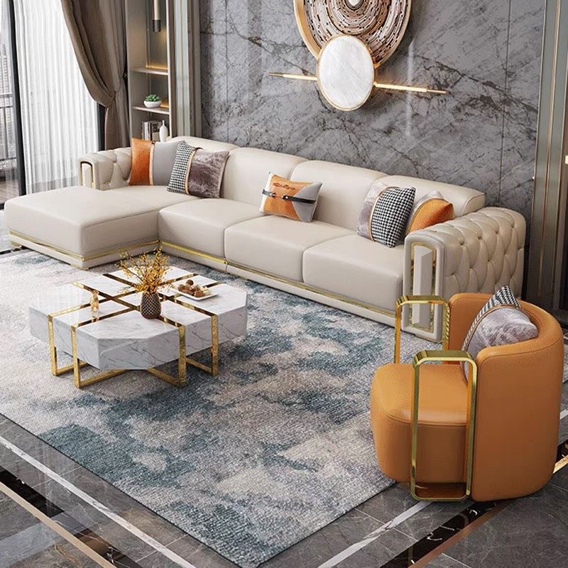 Bộ sofa da màu kem, viền inox mạ vàng BSF155