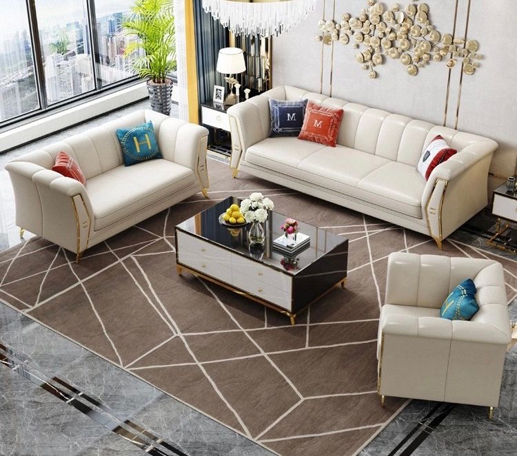 Bộ Sofa da bò tiếp xúc cao cấp , chân inox mạ titan vàng. BSF164