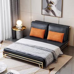 Ghế sofa giường da công nghiệp, khung gỗ, viền inox mạ titan vàng  GSF175