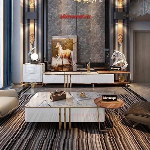 Bàn sofa mặt kính cường lực viền inox mạ vàng BSF022