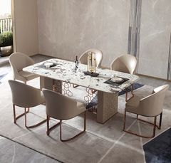 Bàn ăn mặt đá marble nhân tạo, khung inox mạ titan vàng BA0156