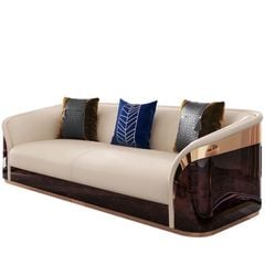 Ghế Sofa da Bò lớp trên cùng cao cấp, gỗ bạch dương sơn piano, nẹp inox mạ titan vàng GSF171