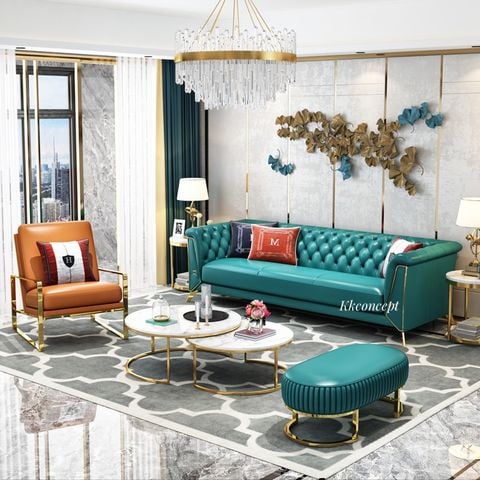 Bộ Sofa  chất liệu da bò tiếp xúc cao cấp, chân inox mạ titan vàng.GSF126