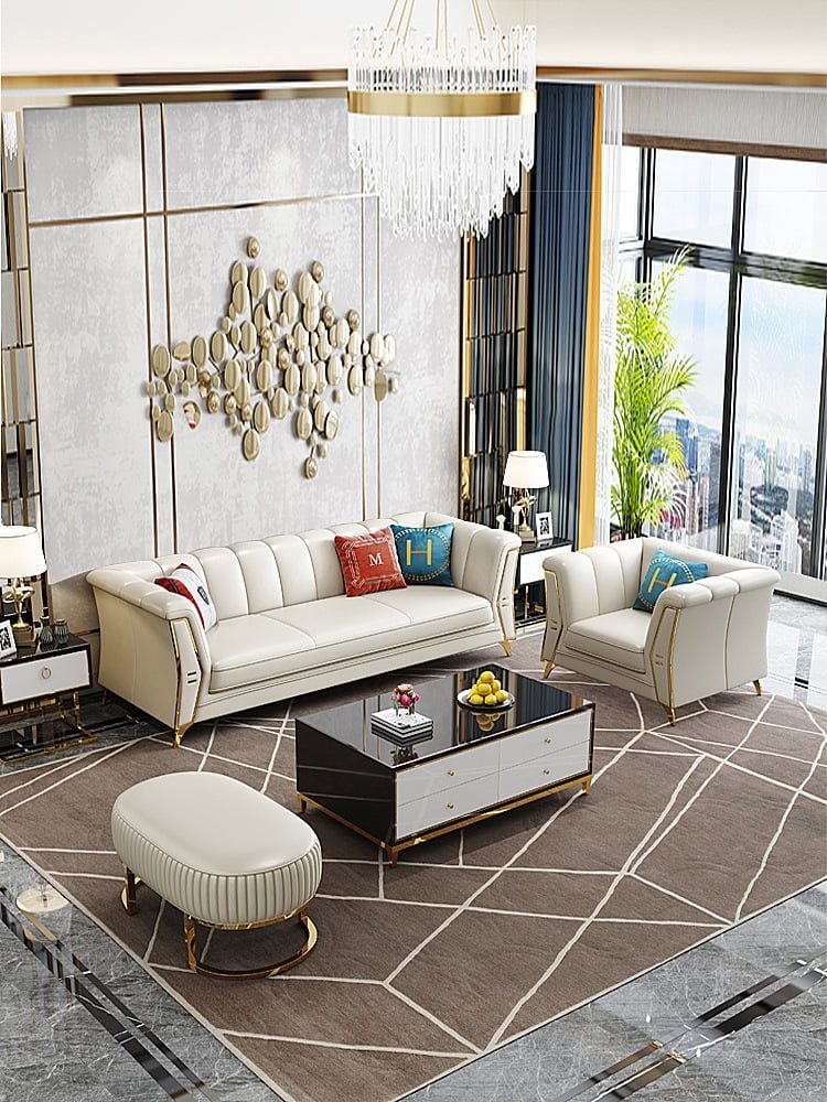 Bộ Sofa  chất liệu da bò tiếp xúc cao cấp, chân inox mạ titan vàng.GSF126