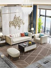 Bộ Sofa  chất liệu da bò tiếp xúc cao cấp, chân inox mạ titan vàng.GSF126