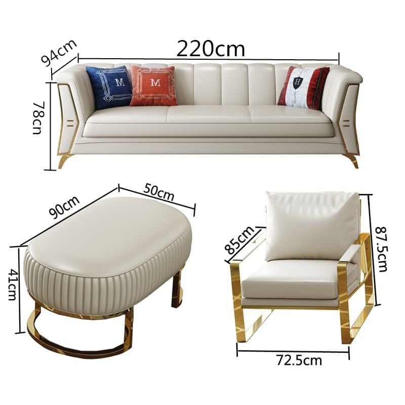 Bộ Sofa  chất liệu da bò tiếp xúc cao cấp, chân inox mạ titan vàng.GSF126