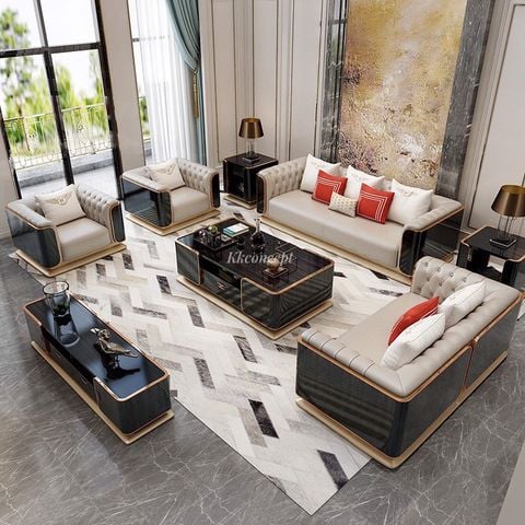 Bộ sofa da bò, gỗ sơn bóng Piano, viền inox mạ titan vàng BSF1001