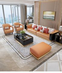 Bộ sofa da bò, gỗ sơn bóng Piano, viền inox mạ titan vàng BSF1001