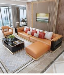 Bộ sofa da bò, gỗ sơn bóng Piano, viền inox mạ titan vàng BSF1001