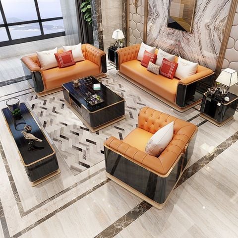 Bộ sofa da bò, gỗ sơn bóng Piano, viền inox mạ titan vàng BSF1001
